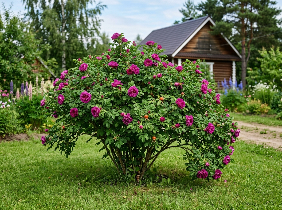 Одиночный куст парковой розы Rugosa на стриженом газоне